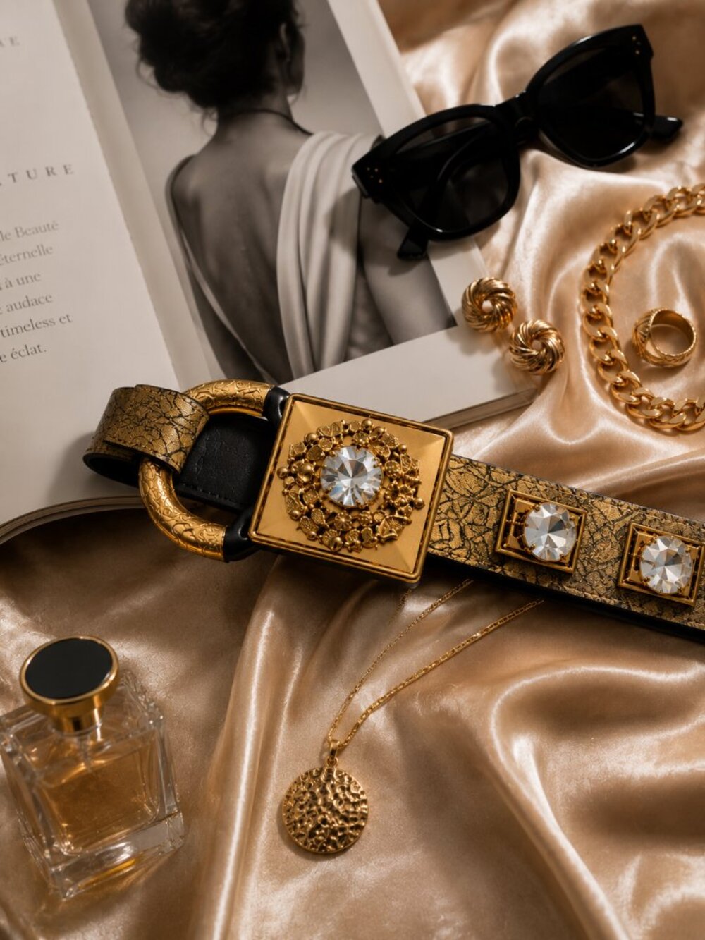 Gold Crystal Statement Waist Belt Sculptural Buckle Adjustable Runway Style - Picture 10 of 11